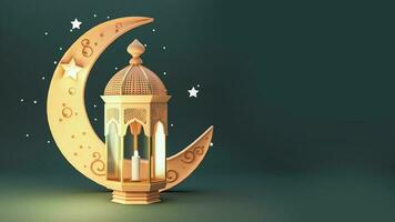 3D Render of Golden Crescent Moon With Illuminated Arabic Lantern On Green Background. Islamic Religious Concept. photo