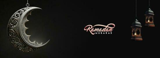 Ramadan Mubarak Banner Design With 3D Render, Hanging Crescent Moon With Hanging Arabic Lamp On Dark Background. photo