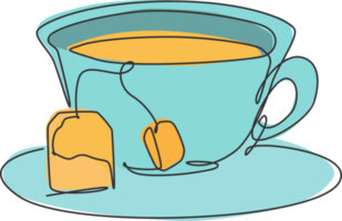 uno continuo línea dibujo caliente Fresco vaso taza de té para té tienda logo emblema. té con bolsa de té y bebida portavasos logotipo modelo concepto. moderno soltero línea dibujar diseño gráfico ilustración png