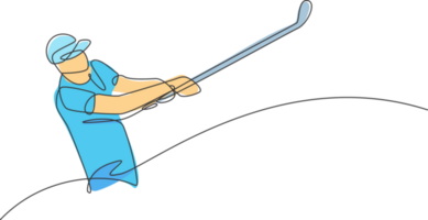 enda kontinuerlig linje teckning av ung Lycklig golf spelare gunga de golf klubb till träffa de boll. hobby sport begrepp. trendig ett linje dra design illustration för golf turnering befordran media png