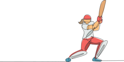 ett kontinuerlig linje teckning av ung Lycklig kvinna cricket spelare fokus till träffa de boll på fält illustration. konkurrenskraftig sport begrepp. dynamisk enda linje dra design för annons affisch png