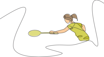 un continu ligne dessin de Jeune badminton joueur frappé volant avec raquette. sport formation concept. dynamique Célibataire ligne dessiner conception illustration pour tournoi rencontre promotion affiche png