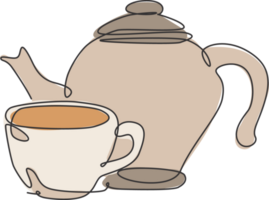 Single continuous line drawing of stylized clay ceramic teapot and porcelain cup of tea. Emblem beverage store concept. Modern one line draw design graphic illustration for cafe and drink shop png