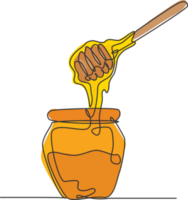 One single line drawing fresh sweet natural gold honey on glass jar with wooden dipper graphic illustration. Natural organic supplement concept. Modern continuous line draw healthy food design png