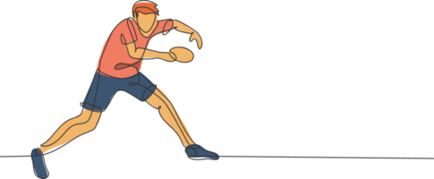 einer Single Linie Zeichnung jung energisch Mann Tabelle Tennis Spieler Pose defensiv Grafik Illustration. Sport Ausbildung Konzept. modern kontinuierlich Linie zeichnen Design zum Klingeln Pong Turnier Banner png