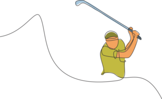 singolo continuo linea disegno di giovane contento golf giocatore swing il golf club per colpire il sfera. passatempo sport concetto. di moda uno linea disegnare design illustrazione per golf torneo promozione media png