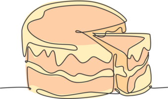 1 contínuo linha desenhando do fresco delicioso aniversário com fatiado cortar bolo azedo arte. doce decorativo pastelaria conceito. moderno solteiro linha desenhar Projeto ilustração gráfico png