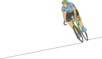 ett enda linje teckning av ung energisk man cykel racer Träning i de väg grafisk illustration. tävlings cyklist begrepp. modern kontinuerlig linje dra design för cykling turnering baner png