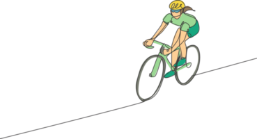 ett kontinuerlig linje teckning av ung sportig kvinna cykel racer fokus tåg henne skicklighet på cykling Spår. väg cyklist begrepp. enda linje dra design illustration för cykling konkurrens affisch png