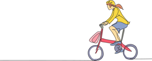 ett kontinuerlig linje teckning av ung professionell chef kvinna cykling rida vikta cykel till henne kontor. friska arbetssätt urban livsstil begrepp. dynamisk enda linje dra design illustration png