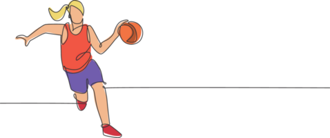 One continuous line drawing of young basketball woman player running and dribbling a ball. Competitive team sport concept. Dynamic single line draw design vector illustration graphic for sport poster png