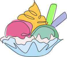 singolo continuo linea disegno di stilizzato coppa di gelato guarnita ghiaccio crema tazza logo etichetta. dolce dolce ristorante concetto. moderno uno linea disegnare design illustrazione grafico per bar e cenare nel merenda negozio png