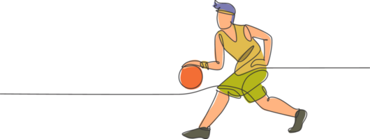 ett kontinuerlig linje teckning av ung basketboll spelare löpning och dribblingar de boll. lagarbete sport begrepp. dynamisk enda linje dra design illustration för team högskola rekrytering affisch png