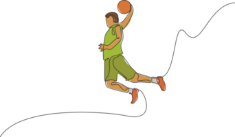 uno soltero línea dibujo de joven energético baloncesto jugador golpe remojar ilustración. Deportes competencia concepto. moderno continuo línea dibujar diseño para baloncesto torneo póster y bandera png