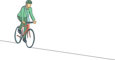 Célibataire continu ligne dessin Jeune professionnel homme d'affaire équitation vélo à le sien entreprise. bicyclette à travail, éco amical transport concept. branché un ligne dessiner conception graphique illustration png