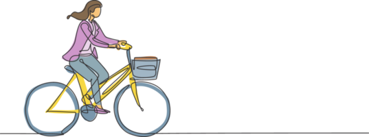 uno soltero línea dibujo joven contento puesta en marcha empleado mujer paseo bicicleta a el trabajo colaborativo espacio gráfico ilustración. sano urbano viajero diario al trabajo estilo de vida concepto. moderno continuo línea dibujar diseño png