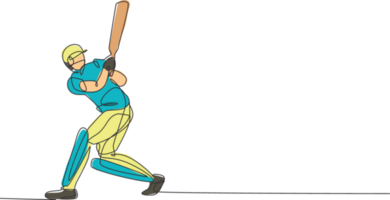 singolo continuo linea disegno di giovane agile uomo cricket giocatore praticante colpire il palla a campo illustrazione. sport esercizio concetto. di moda uno linea disegnare design per cricket promozione media png