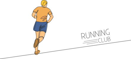 Single continuous line drawing of young agile man runner run relax on stadium track, rear view. Healthy lifestyle concept. Trendy one line draw design illustration for running race promotion png