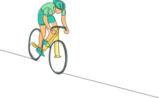 ett enda linje teckning av ung energisk man cykel racer fokus till jaga efter rival illustration. tävlings cyklist begrepp. modern kontinuerlig linje dra design för cykling turnering baner png