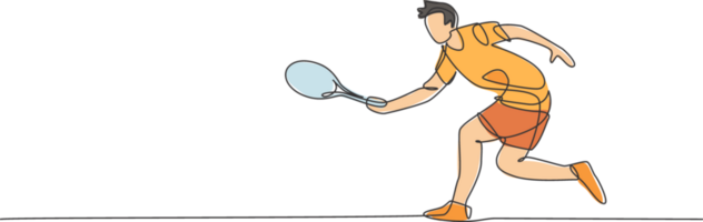 un continu ligne dessin de Jeune content tennis joueur tenir adversaire fracasser frapper. compétitif sport concept. dynamique Célibataire ligne dessiner conception graphique illustration pour tournoi promotion affiche png