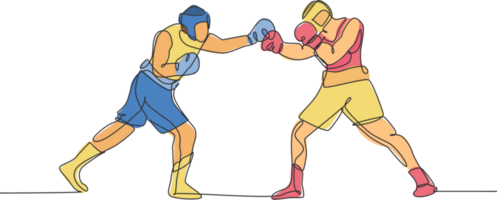 One continuous line drawing of two young sporty men boxer duel at boxing ring. Competitive combat sport concept. Dynamic single line draw design illustration for boxing match promotion poster png