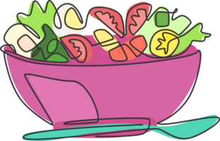 een doorlopend lijn tekening van vers heerlijk veganistisch salade restaurant logo embleem. gezond voedsel cafe winkel logotype sjabloon concept. modern single lijn trek ontwerp grafisch illustratie png