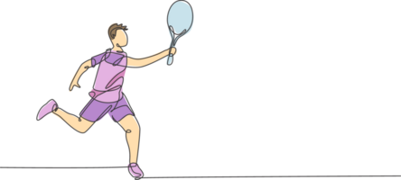 Célibataire continu ligne dessin de Jeune agile homme tennis joueur la défense et tenir le balle. sport exercice concept. branché un ligne dessiner conception illustration pour tennis tournoi promotion médias png