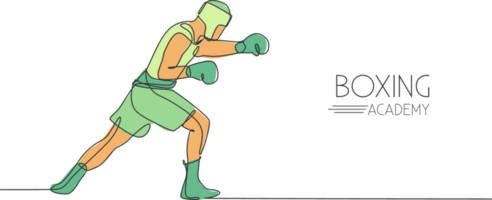 Célibataire continu ligne dessin de Jeune agile homme boxeur améliorer le sien bats toi attaque compétence. juste combatif sport concept. branché un ligne dessiner conception illustration pour boxe Jeu promotion médias png