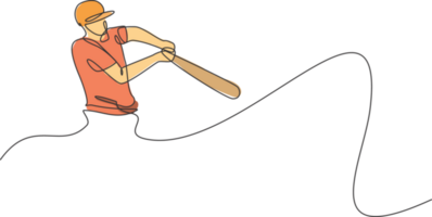 Single continuous line drawing of young agile man baseball player focus training to hit the ball. Sport exercise concept. Trendy one line draw design illustration for baseball promotion media png