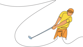 ett kontinuerlig linje teckning av ung golf spelare gunga golf klubb och träffa de boll. fritid sport begrepp. dynamisk enda linje dra design illustration grafisk för turnering befordran media png