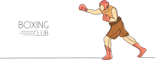 uno soltero línea dibujo de joven energético hombre Boxer mejorar su ataque puñetazo ilustración. deporte combativo formación concepto. moderno continuo línea dibujar diseño para boxeo campeonato bandera png