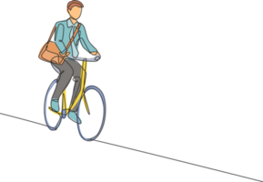 einer kontinuierlich Linie Zeichnung von jung Fachmann Manager Mann Radfahren Reiten Fahrrad zu seine Büro. gesund Arbeiten städtisch Lebensstil Konzept. dynamisch Single Linie zeichnen Design Illustration Grafik png