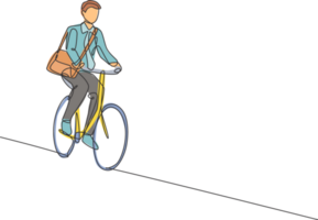 een doorlopend lijn tekening van jong professioneel manager Mens wielersport rijden fiets naar zijn kantoor. gezond werken stedelijk levensstijl concept. dynamisch single lijn trek ontwerp illustratie grafisch png