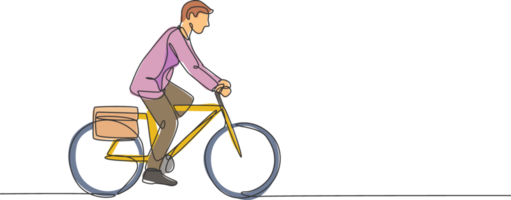 un dibujo de una sola línea de un joven y feliz empleado de inicio profesional que va en bicicleta a la ilustración del vector espacial de coworking. concepto de estilo de vida saludable para los viajeros. diseño moderno de dibujo de línea continua png