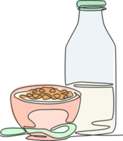 ett kontinuerlig linje teckning färsk utsökt skål av flingor frukost och en flaska av mjölk. friska frukost mall begrepp. modern enda linje dra design naturlig mat grafisk illustration png