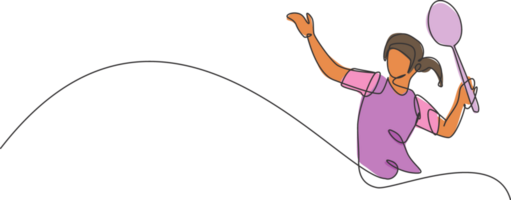 uno soltero línea dibujo de joven energético bádminton jugador saltando y aplastar volante ilustración. sano deporte concepto. moderno continuo línea dibujar diseño para bádminton torneo póster png