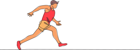 ett kontinuerlig linje teckning av ung sportig man löpare fokus löpning på springa Spår. hälsa aktivitet sport begrepp. dynamisk enda linje dra design illustration för löpning händelse befordran affisch png