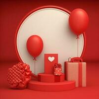 3D Render of Circular Frame With Podium, Balloons, Gift Boxes, Message Card. Valentine's Day Concept. photo