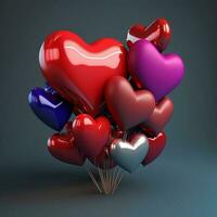 Realistic Colorful Heart Shape Balloons Bunch. 3D Render. photo