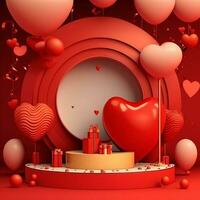 3D Render of Circular Frame With Podium, Balloons, Gift Boxes. Valentine's Day Concept. photo