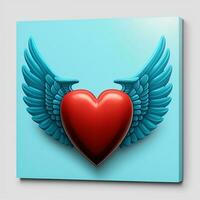 3D Render Pixar Style Red Heart With Blue Wings. photo