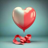 3D Render, Glossy Heart Shape Balloon With Red Silk Ribbon. photo