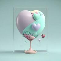 3D Render of Heart Shape Stand With Balloons Inside Glassware Box. photo