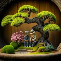 3D Render Clay Modeling Of Japanese Couple Sitting In Bonsai Garden. photo