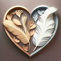 Beautiful Glossy, Paper Cut Feathers In Heart Shape Frame. photo