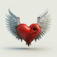 3D Render, Pixar Style Red Robotic Heart With Gray Wings. photo