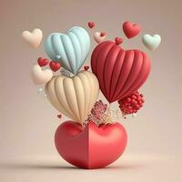 3D Rendering, Pastel Soft Color Heart Shape Balloons With Realistic Bean Bag. photo