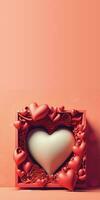 3D Render, Red Vintage Square Frame With Heart Shapes. Valentine's Day Concept. photo