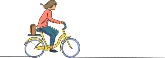 1 contínuo linha desenhando do jovem profissional Gerente mulher ciclismo passeio guardada bicicleta para dela escritório. saudável trabalhando urbano estilo de vida conceito. dinâmico solteiro linha desenhar Projeto ilustração png
