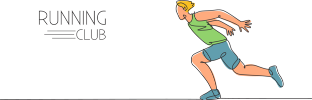 uno soltero línea dibujo de joven energético hombre corredor pique correr entonces rápido ilustración. individual Deportes, formación concepto. moderno continuo línea dibujar diseño para corriendo competencia bandera png